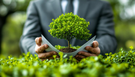 Businessman Protecting a Small Tree, Growth and Sustainability in ESG, ECO Green Corporate Policyの素材