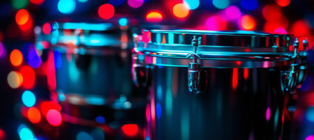Close Up, Two Snare Drums Set Against Glowing Background, Shimmering Lights of Blue Red.の素材