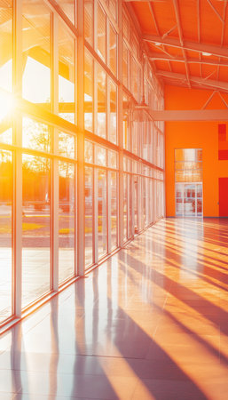 Spacious Hall, Panoramic Windows, Sunlight Reflection on Tiled Floor, Modern Business Center.の素材
