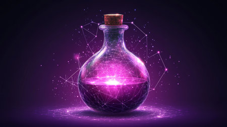 Magic Potion in a Glass Flask with Glowing Particles, Fantasy Elixir, Witchcraft Concept.の素材