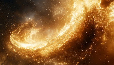 Golden Flames And Cosmic Swirl With Space Dust And Star On The Black Background, 3D Illustration.の素材