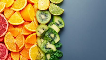 Freshly Sliced Citrus Fruit Rainbow A Vibrant and Healthy Eating Concept on a Blue Backgroundの素材