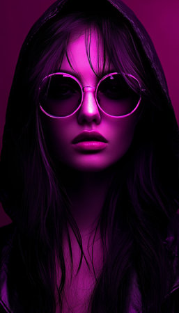 Portrait of a Young Woman with Sunglasses in Neon Light. Cyberpunk Style, Futuristic Fashionの素材