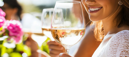 Close Up Of Woman Holding and Drinking White Wine Glass, Enjoying Summer Party Outdoors With Friendsの素材