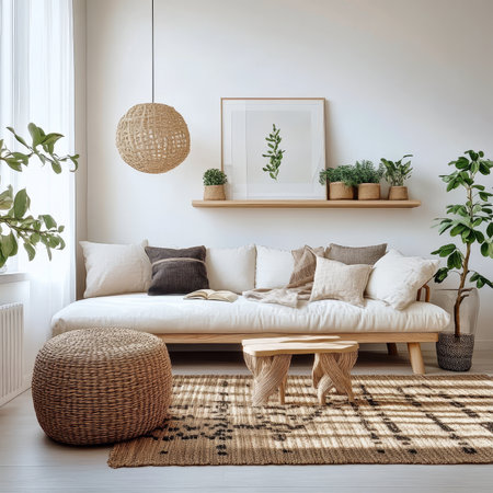 Minimalist Living Room with Rattan Furniture, Natural Textile Rug, Houseplants, and Wooden Decorの素材