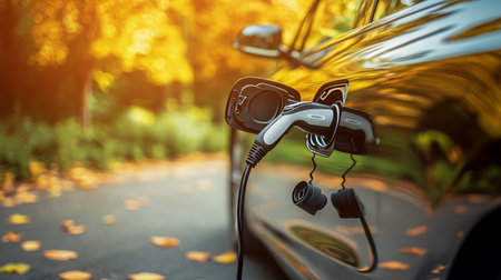 Electric Car Plugged into Charging Station on Autumn Day, Promoting Sustainable Transportationの素材