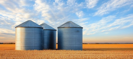 Three Silver Grain Bins Stand Tall in a Golden Field Under a Cloudy Sky, Saskatchewan, Canadaの素材