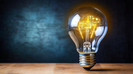 Vintage Edison Light Bulb, Glowing On Wooden Table, Dark Blue Background, Idea Inspiration Concept.の素材