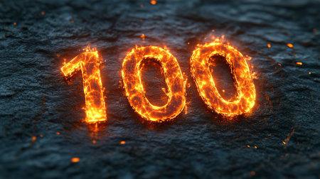 Fiery Number 100 Burning Hot Flames on Dark Grunge Stone Texture Background, Celebration Conceptの素材