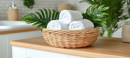 Spa Composition with Towels, Green Plant, and Wicker Basket in a Bright Bathroom Settingの素材