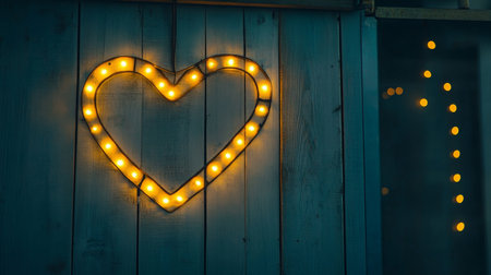 Glowing Heart of Lights on Rustic Wooden Wall, Valentines Day Background with Romantic Illuminationの素材