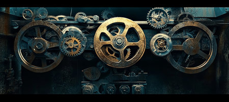 Futuristic abstract background with interlocking gears and cogs symbolizing technological innovationの素材