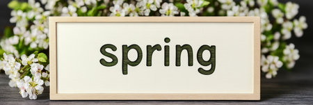 Rustic wooden sign displaying  spring  surrounded by vibrant springtime nature and beautyの素材