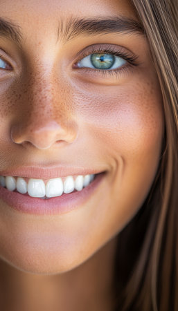 Close-Up Portrait of a Beautiful Young Woman with White Teeth, Green Eyes, Freckles, Smilingの素材