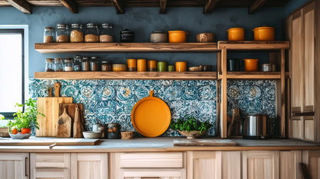 Rustic Kitchen Interior, Wooden Countertops, Open Shelves, Kitchenware, Blue Tile Backsplashの素材