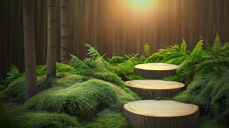 Three Wooden Pedestals In Shape Of Podiums On Green Moss In Fantasy Forest With Sunlight.の素材