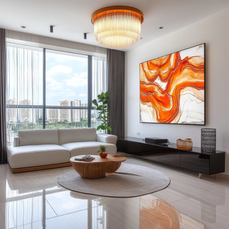 Modern Living Room Interior With Abstract Painting, Stylish Furniture And City View. Nobody Insideの素材