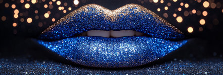 Blue Glitter Lips, Close Up of Sparkly Makeup on Dark Skin with Bokeh, Beauty and Glamourの素材