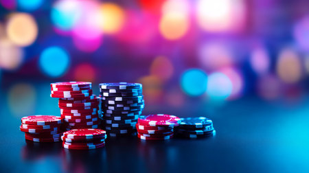 Stacks of Casino Chips on Table, Gambling and Entertainment Theme with Glowing Colorful Backgroundの素材