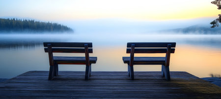 Two Empty Benches on a Wooden Dock Overlooking a Misty Lake at Sunrise, Tranquil Sceneryの素材