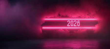 Neon Sign With The Number 2026 On A Brick Wall, Concept For The Future, Technology And Progress.の素材