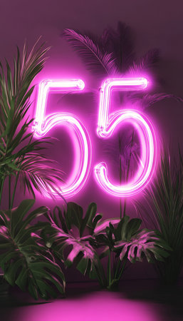 Neon Number 55, Vibrant Pink Neon Sign Display with Lush Tropical Greenery Surroundingsの素材