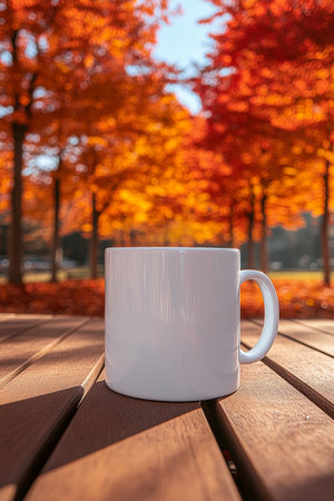Steaming White Coffee Mug on Wooden Table with Blurry Red Autumn Foliage Background, Copy Spaceの素材