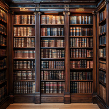 Classic Wooden Bookshelves Overflowing with Antique Books, A Treasure Trove of Literatureの素材
