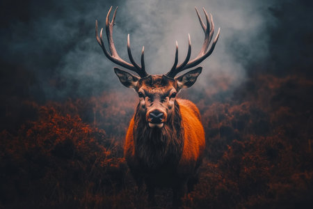 Majestic Red Deer Stag With Large Antlers Standing in Autumn Heather, Striking Wildlife Portraitの素材