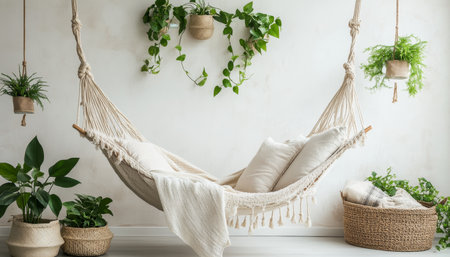 Bohemian Chic Interior Relaxing Hammock, Lush Greenery, and Woven Textures Create a Tranquil Oasisの素材