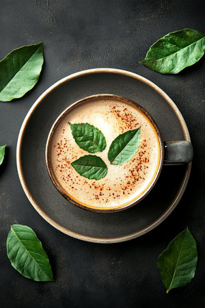 Aromatic Coffee Break Top View of Coffee Cup with Leaf Decoration and Scattered Leavesの素材