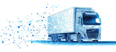 Digital Truck Network Abstract Illustration of Connected Logistics and Freight Transportの素材