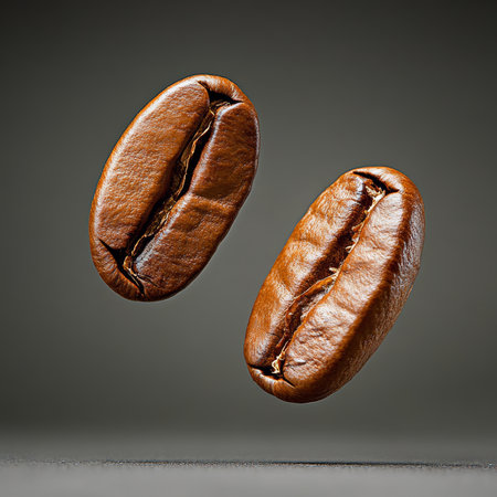 Two Roasted Coffee Beans Levitating on Dark Gray Background, Coffee Concept Stock Imageの素材