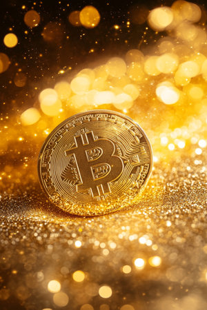 Golden Bitcoin Coin On Shiny Background, Cryptocurrency, Digital Gold Concept,. Close Upの素材