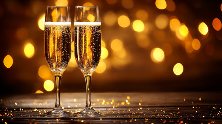 Two Champagne Flutes Against a Twinkling Gold Backdrop, Celebration and New Years Eve Conceptの素材