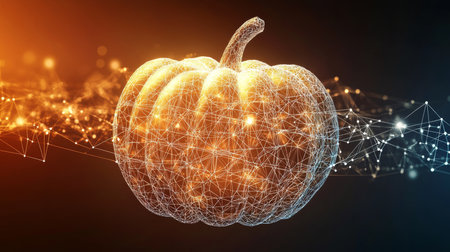 Neon Glowing Digital Pumpkin. Abstract Festive Design, Wireframe of Connected Dots and Triangles.の素材