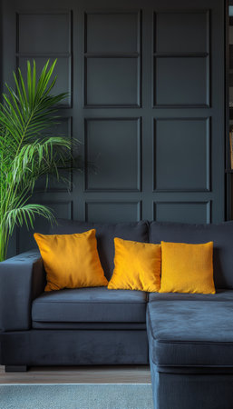 Modern Living Room Interior with Blue Velvet Sofa and Yellow Cushions Against Dark Blue Wallの素材