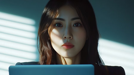 Portrait of a Serious Young Businesswoman Working on a Laptop in an Office with Window Lightの素材