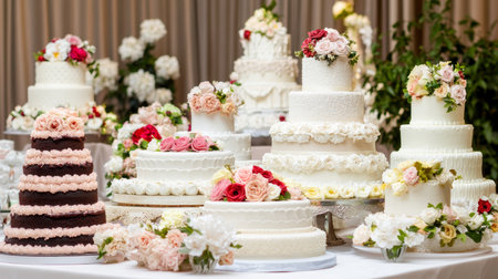 Elegant tiered wedding cakes decorated with flowers on a table at a wedding reception.の素材