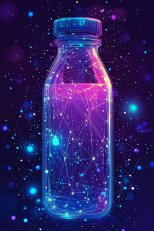 Glass Water Bottle with Swirling, Shining Abstract Galaxy on a Dark, Sparkling, Vibrant Background.の素材