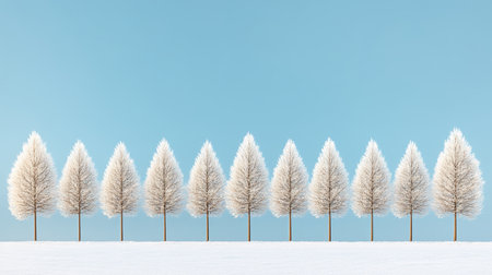Row of Snowy Trees Against a Blue Sky., Winter Landscape. Minimalist Design, Christmas Card.の素材