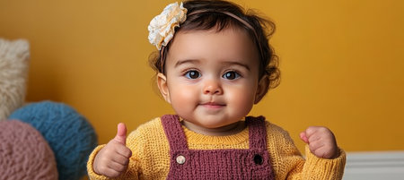 Cheerful Baby Girl with Flower Headband Giving Two Thumbs Up Against a Yellow Backgroundの素材