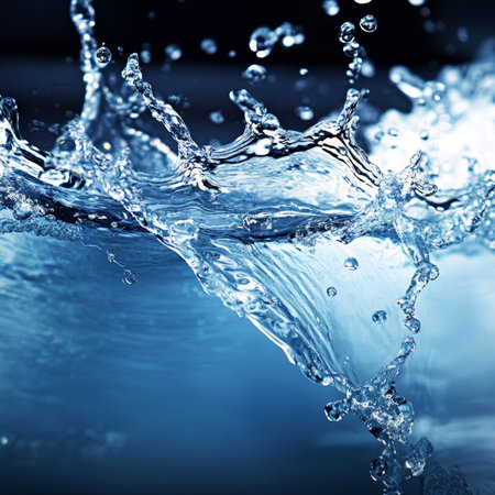 Water Splash, Close-up of Water with Crown Splash, Blue Water Background. High Resolution.の素材