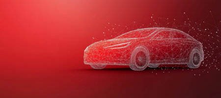 Abstract Low Poly Wireframe Mesh Of Sports Car On Red Background. Innovation And Design Concept.の素材
