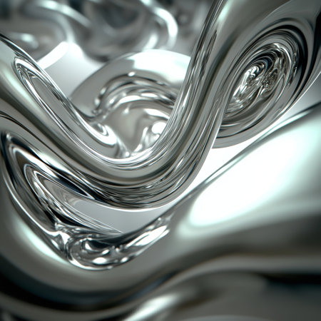Abstract Background Of Wavy Metallic Swirls, Liquid Chrome Effect., Fluid Art Design 3D.の素材