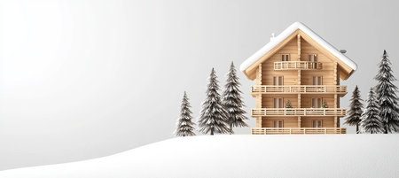 Cozy Winter Chalet in a Snow-Covered Mountain Landscape. 3D Architectural Design Illustration.の素材
