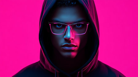 Serious Young Man in Hoodie Wearing Fashion Eyeglasses Posing in Neon Light, Close-Up Portrait.の素材