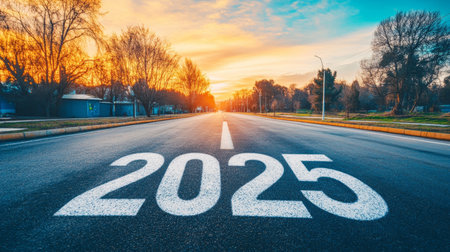 2025 New Year on Asphalt Road Towards Sunset. Concept of Future, Goals, Opportunitiesの素材