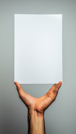 Mans Hand Holding A4 Paper, Vertical Blank Canvas, Mock-Up. On Light Grey Backgroundの素材
