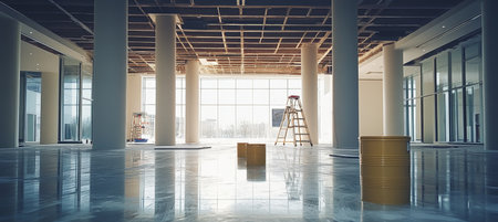 Empty Commercial Building Interior Under Construction with Large Windows and Construction Materialsの素材